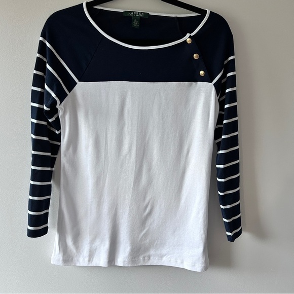 Lauren Ralph Lauren Women's LRG Top Nautical Navy Blue White striped Gold Button - Picture 4 of 8